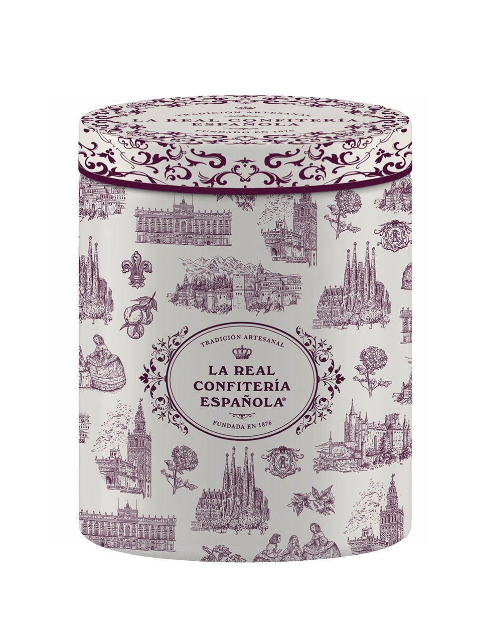 Lata Hispania. Bonbons d'amande caramélisée recouverte de chocolat blanc et de cacao.