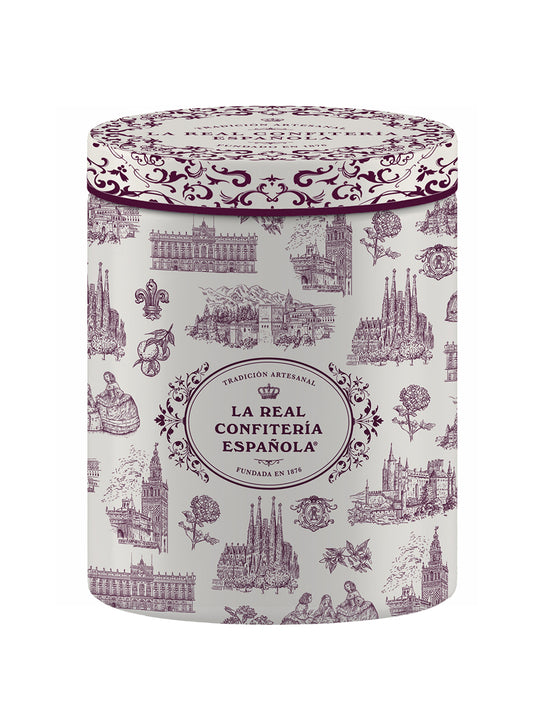 Lata Hispania. Bonbons d'amande caramélisée recouverte de chocolat blanc et de cacao.