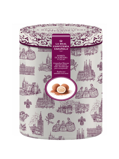 Lata Hispania. Bonbons d'amande caramélisée recouverte de chocolat blanc et de cacao.