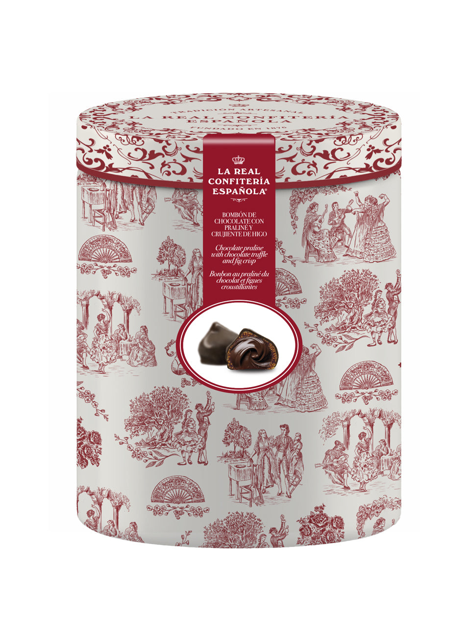 Boîte Flamenca. Bonbon de figue fourrée au praliné et enrobée de chocolat noir