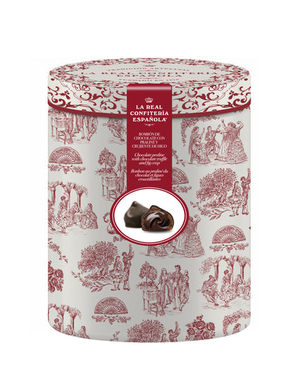 Boîte Flamenca. Bonbon de figue fourrée au praliné et enrobée de chocolat noir