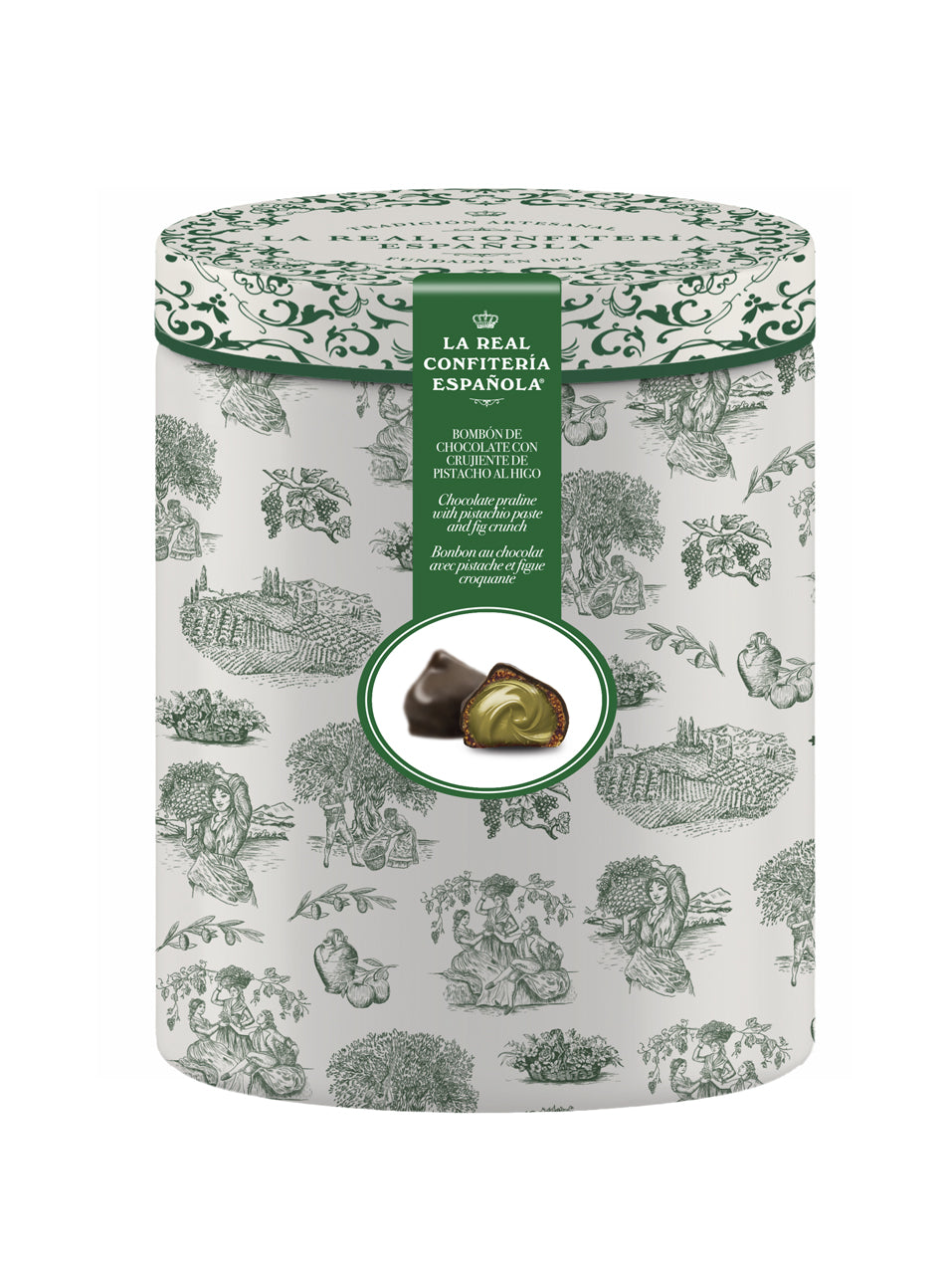 Boîte Olivar. Bonbons de figue fourrés de pistache croquante et enrobés de chocolat noir