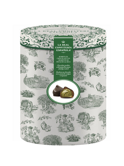 Boîte Olivar. Bonbons de figue fourrés de pistache croquante et enrobés de chocolat noir