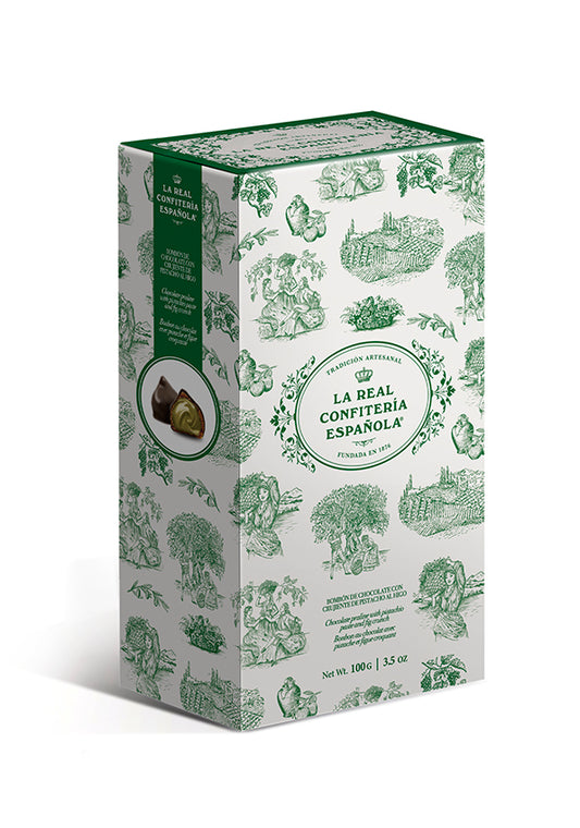 Boîte Olivar. Bonbons de figue fourrés au pistache croquant et enrobés de chocolat noir