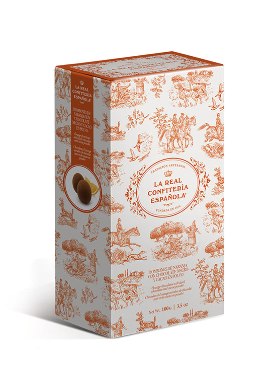 Boîte champêtre. Truffes au chocolat cœur orange confite.