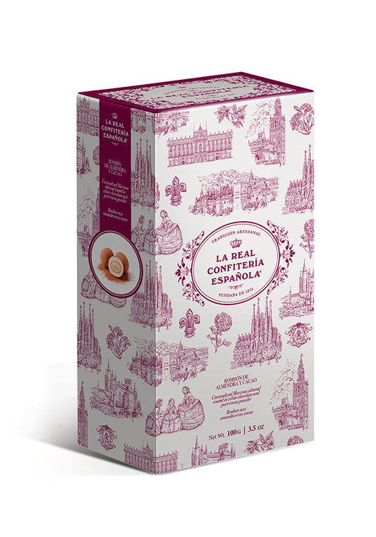 Caja Hispania. Bonbons d'amande caramélisée enrobée de chocolat blanc et de cacao.