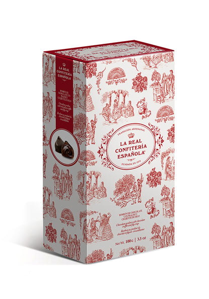 Caja Flamenca. Bombón de higo relleno de praliné y cubierto de chocolate negro